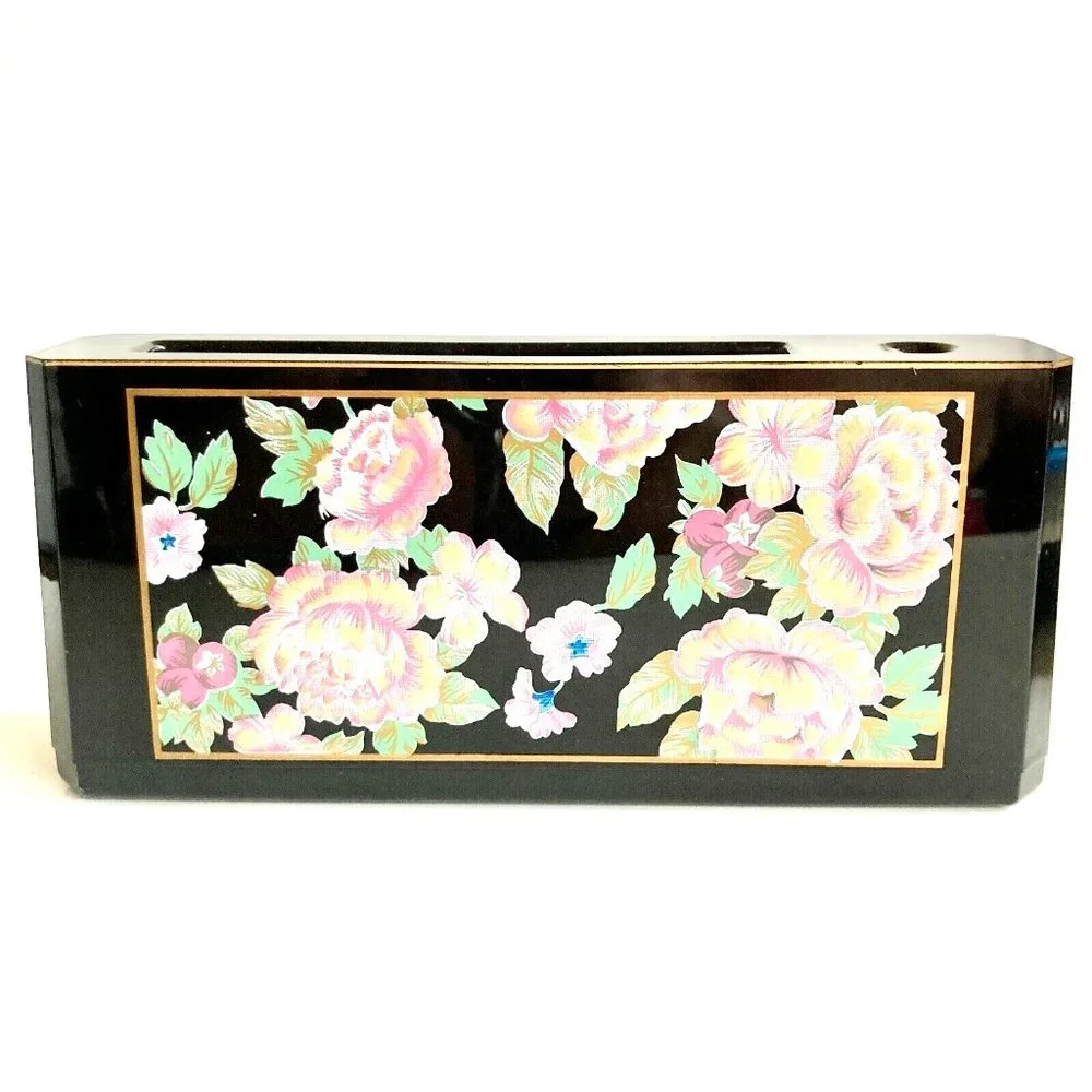 Vintage Otagiri Black Lacquer Peony Flower Pen Pencil Paper Holder Desk Set